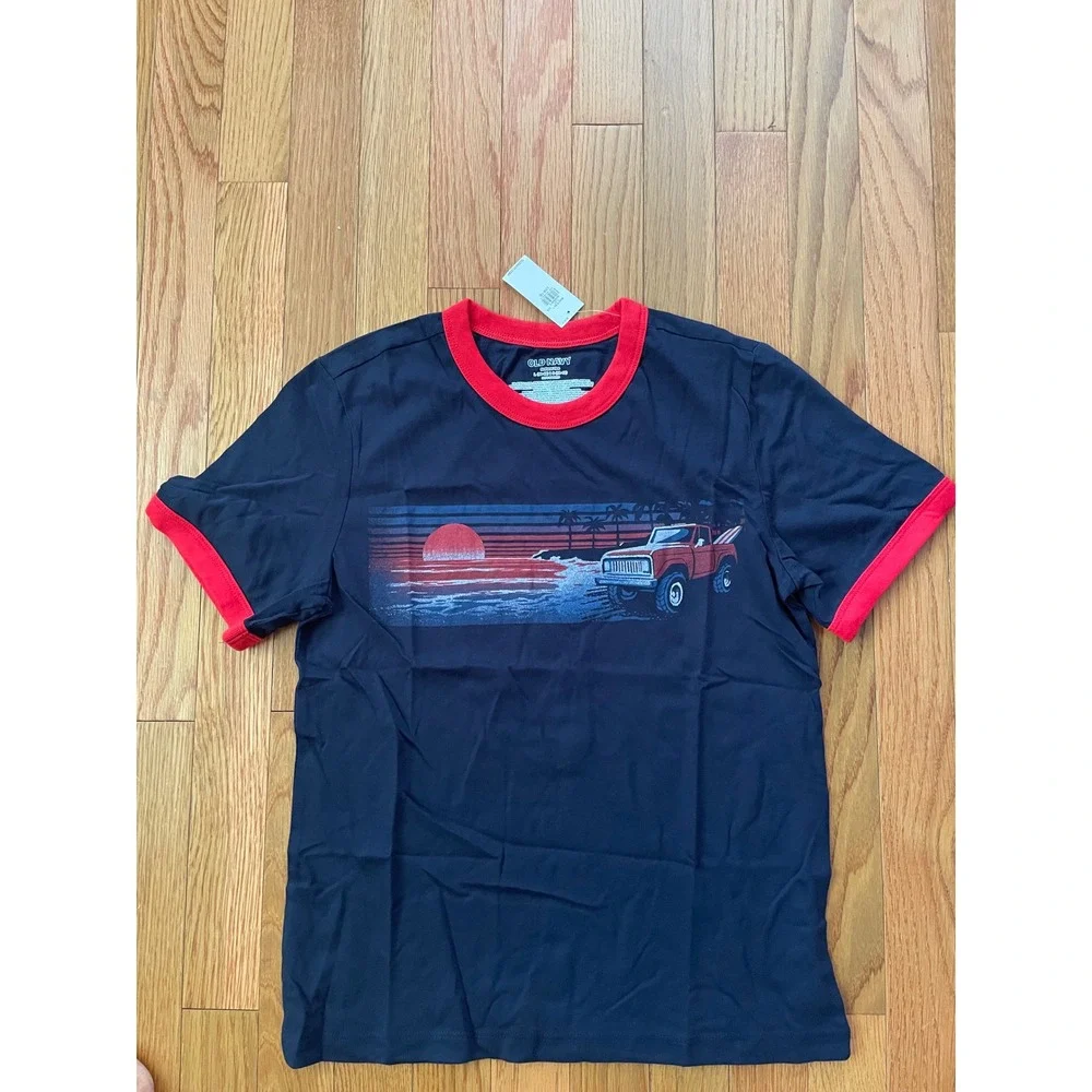Old Navy Softest Tee Navy Blue Red Ringer‎ Sunset Truck Graphic Shirt L 10-12